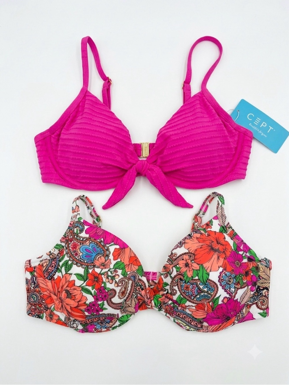 Bright Pink & Floral Bikini Tops - Tie Front and Printed Balconette